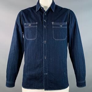 L Navy Indigo Twill Cotton Contrast Stitch Long Sleeve Shirt